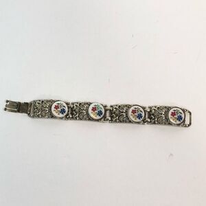vintage micro mosaic style bracelet primary color flowers faux pearl silver tone